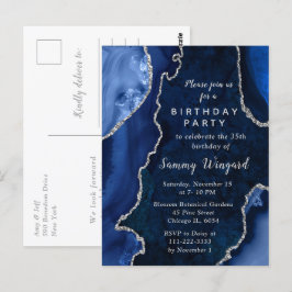 Cartão Postal Festa de Aniversário em Mármore Ágata Azul Marinho