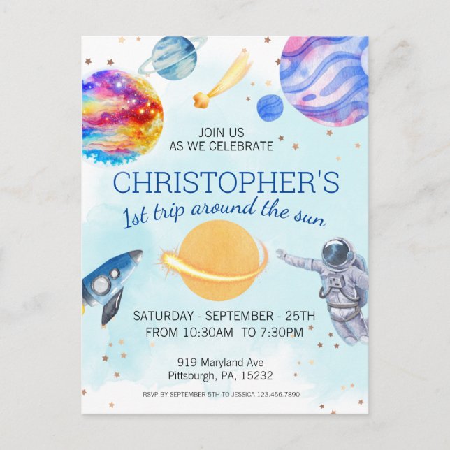 Cartão Postal Festa de aniversário Espacial do Astronauta (Frente)
