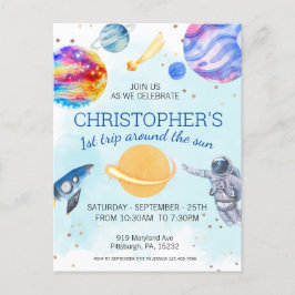 Cartão Postal Festa de aniversário espacial do menino astronauta