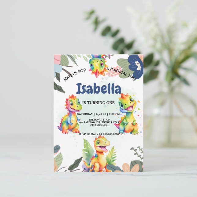 Cartão Postal Festa de Aniversário Feliz Dinossauro Arco-íris Fl (Em pé/Frente)