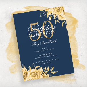 Cartão Postal Festa de aniversário Floral Elegante Dourado e Mar