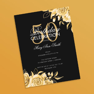 Cartão Postal Festa de aniversário Floral Elegante Dourado e Pre