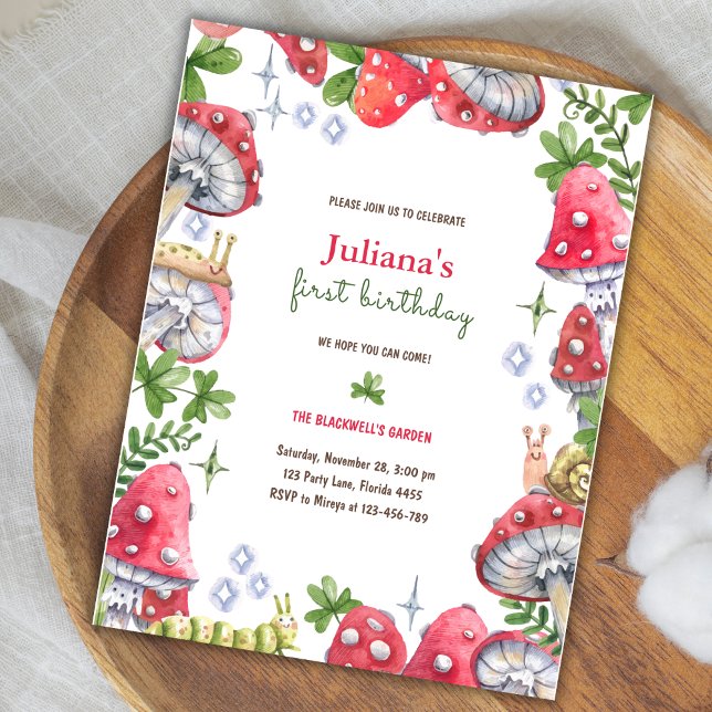 Cartão Postal Festa de Aniversário Floresta de Madeira Cogumelo  (Woodland Forest Watercolor Mushroom Birthday Party Postcard)