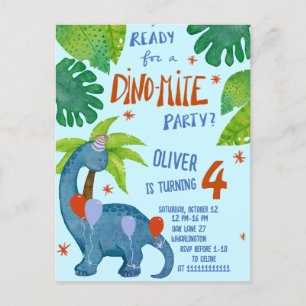 Cartão Postal Festa de aniversário fofa de dinossauro em aquarel