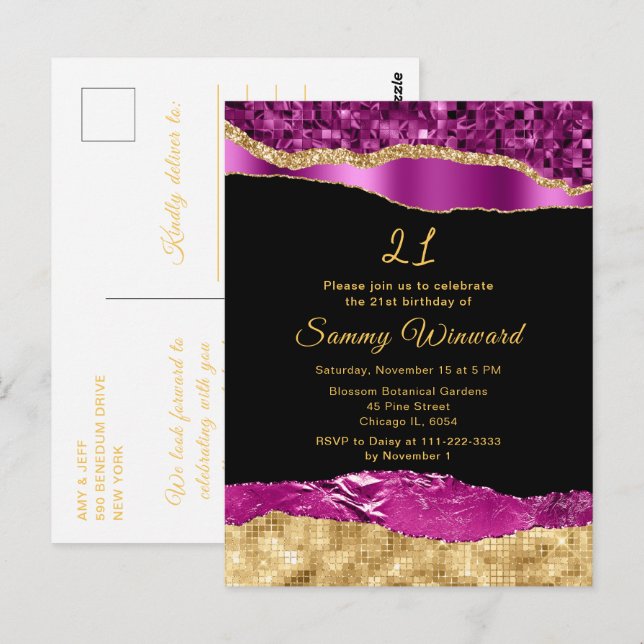 Cartão Postal Festa de Aniversário Lágrimas de Glamour Roxo e Do (Frente/Verso)