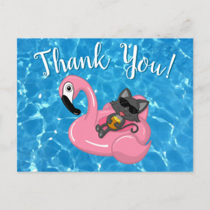 Cartão Postal Festa de Aniversário na Piscina com Flamingo e Gat