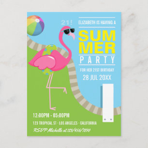 Cartão Postal Festa de Aniversário na Piscina com Flamingo Rosa 