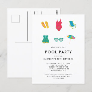 Cartão Postal Festa de Aniversário na Piscina Minimal Simples Co