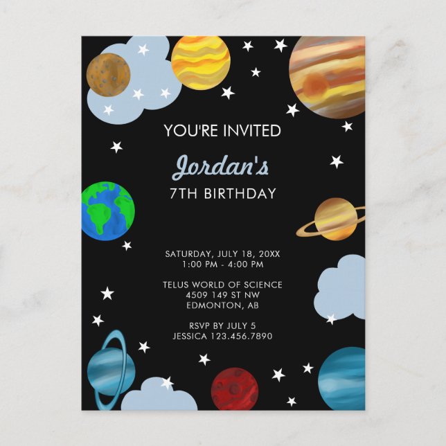 Cartão Postal Festa de Aniversário Planetas Espaço Sideral Galáx (Frente)