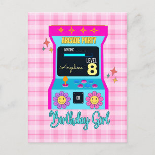 Cartão Postal Festa de Aniversário Retro Jogo de Arcade Rosa Azu