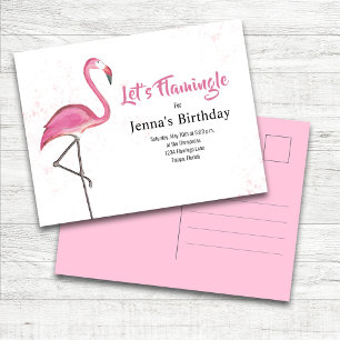 Cartão Postal Festa de Aniversário Rosa Fofa Flamingo Personaliz