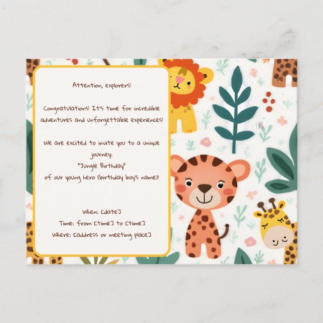 Cartão Postal Festa de aniversário temática Aventura na Selva (Frente)