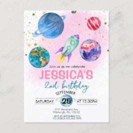 Cartão Postal Festa de Astronauta Menina Rosa Fofa de Aniversári
