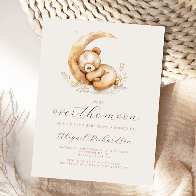 Cartão Postal Festa de Bebê Boho Urso Teddy Neutro Sobre a Lua (Criador carregado)