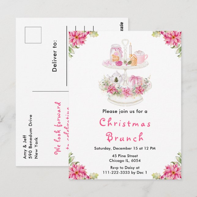 Cartão Postal Festa de Chá de Natal Rosa (Frente/Verso)