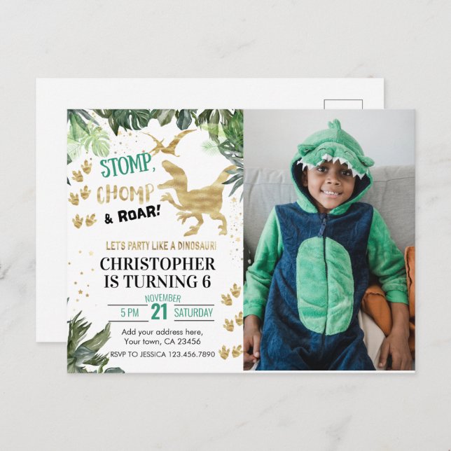 Cartão Postal Festa de Dinossauro e Bonito Foto Aniversário (Frente/Verso)