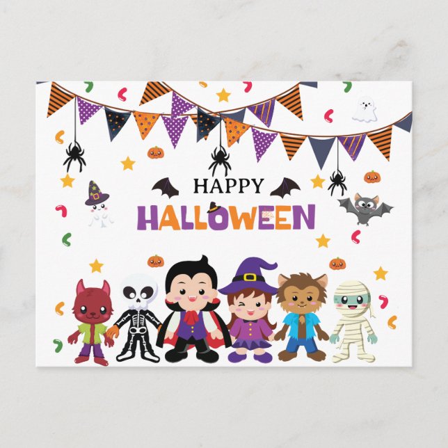 Cartão Postal Festa de Fantasias de Halloween para Crianças Fofa (Frente)