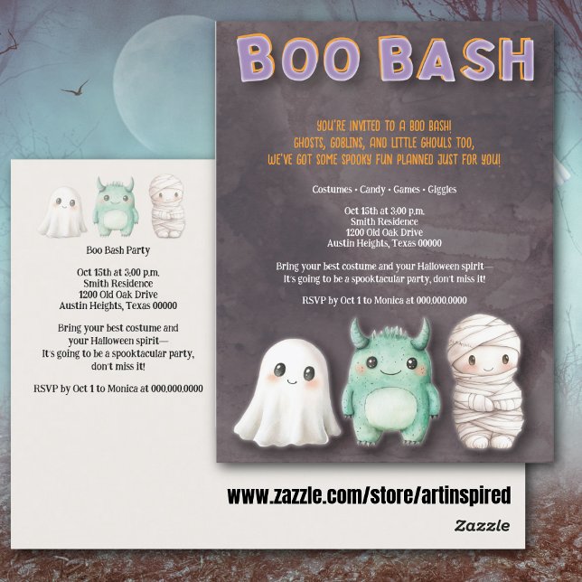 Cartão Postal Festa de Halloween de Figurino Bonito (Cute kids Halloween party postcard with fun Boo Bash typography, ghost, mummy & monster.)
