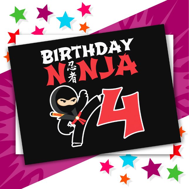 Cartão Postal Festa de Karate Ninja de 4 Anos Crianças 4º Aniver (Criador carregado)