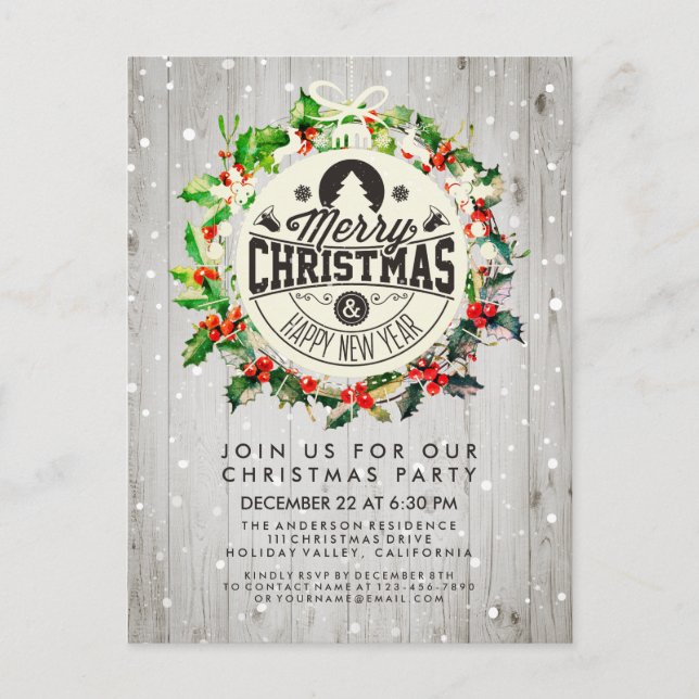 Cartão Postal Festa de Natal de Ano Novo Holly Wreath Snow (Frente)