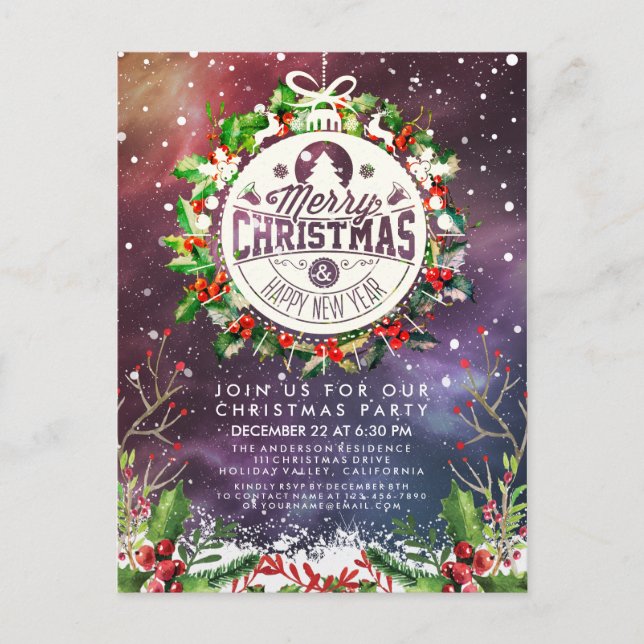 Cartão Postal Festa de Natal de Ano Novo Holly Wreath Snow (Frente)