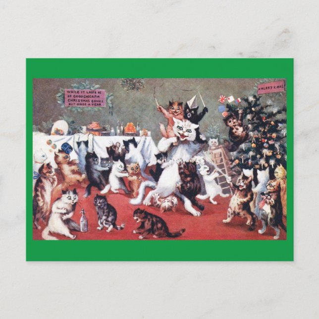 Cartão Postal Festa de Natal de Gato com Gatinhos, Louis Wain (Frente)