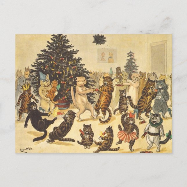 Cartão Postal Festa de Natal de Louis Wain (Frente)