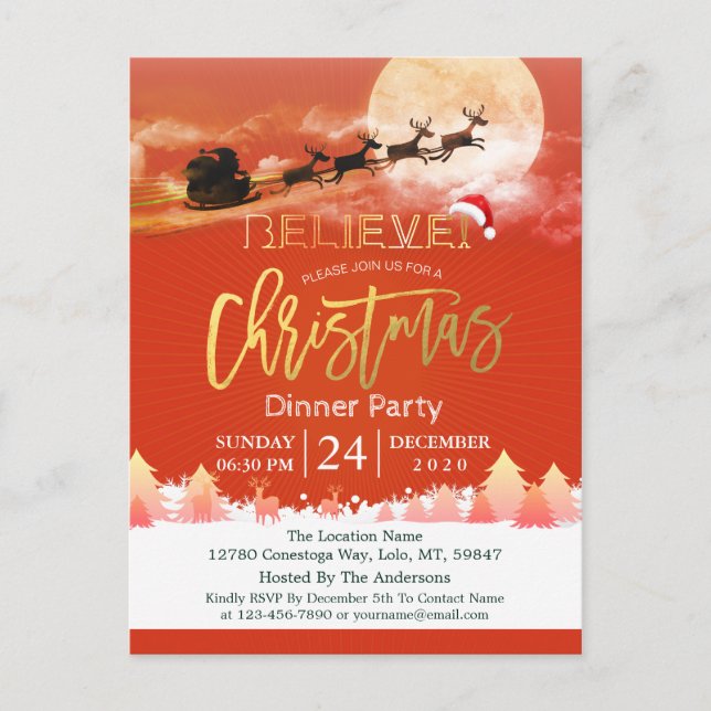 Cartão Postal Festa de Natal Santa Hat Reindeer Sleigh (Frente)