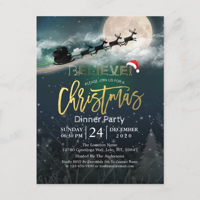 Cartão Postal Festa de Natal Santa Hat Reindeer Sleigh (Frente)