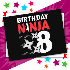 Cartão Postal Festa de Ninja de 8 Anos Estrelas Crianças Anivers