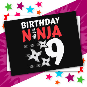 Cartão Postal Festa de Ninja de 9 Anos Estrelas Crianças Anivers