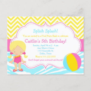 Cartão Postal Festa de Piscina de Menina Loura - Festa de Bash