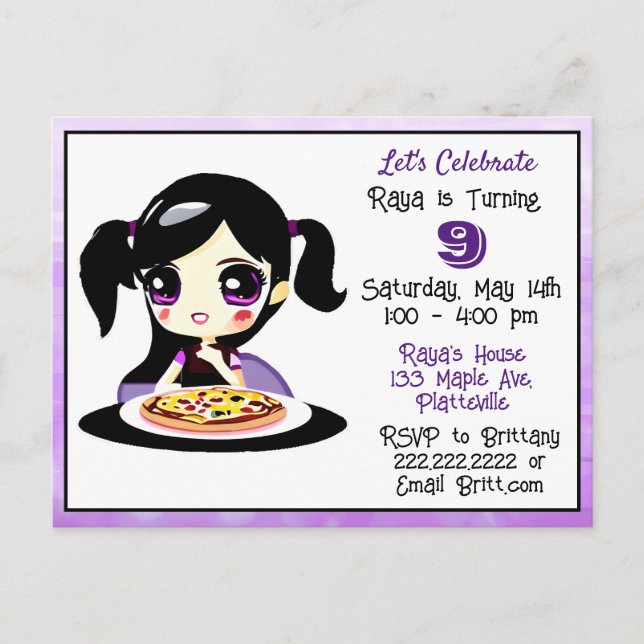 Cartão Postal Festa de Pizza de Aniversário para Garota de Anima (Frente)