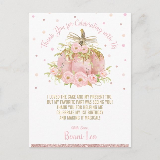 Cartão Postal Festa de primeiro aniversario de Abóbora Rosa Chic (Frente)