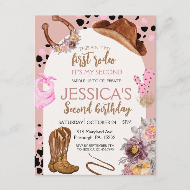 Cartão Postal Festa de segundo Rodeo de Aniversário Rosa (Frente)
