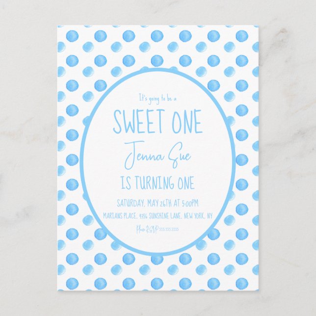 Cartão Postal Festa de Um Ano de Pontos em Aquarela Azul (Frente)