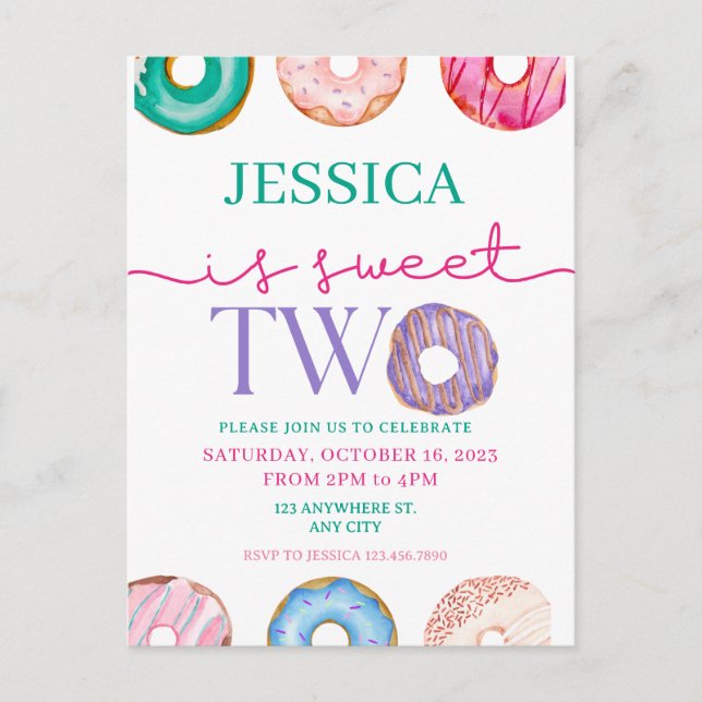 Cartão Postal Festa Doce de Donut Aniversário dois 2º aniversári (Frente)