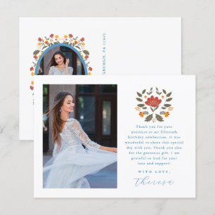 Cartão Postal Festa Dois Foto Azul Quinceanera Floral Agradecime