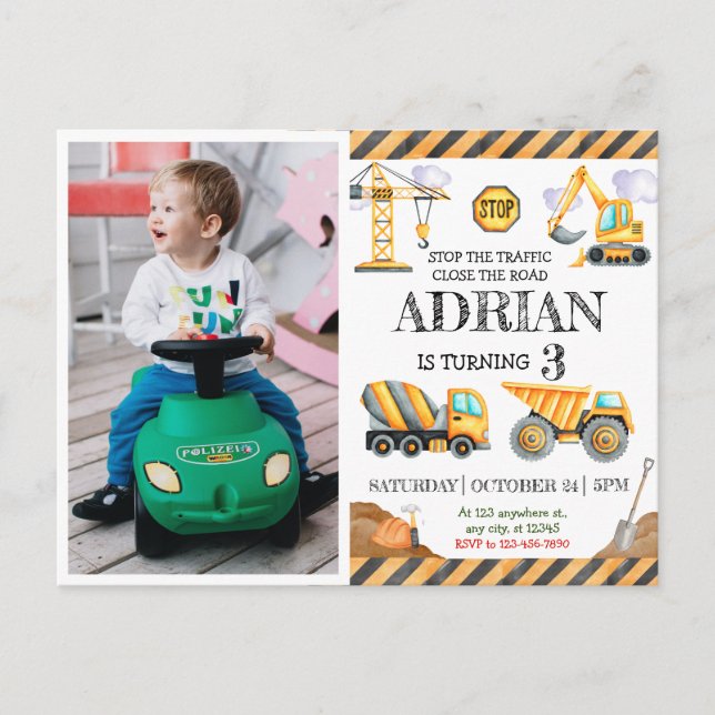 Cartão Postal Festa Infantil de Construção em Aquarela Fofa (Frente)