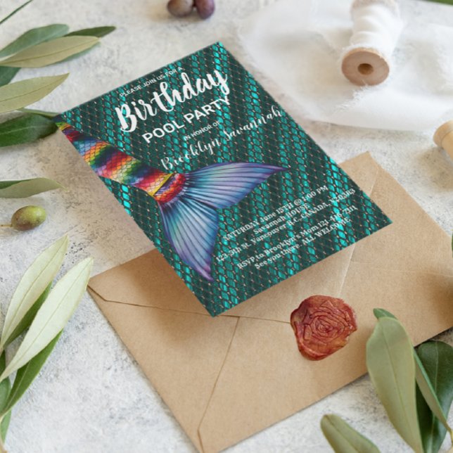 Cartão Postal Festa na Piscina Cauda de Sereia Turquesa Dourado  (Criador carregado)