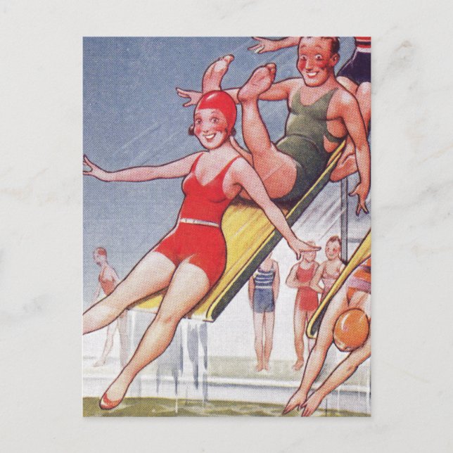 Cartão Postal Festa na Piscina Natação de Verão Vintage (Frente)