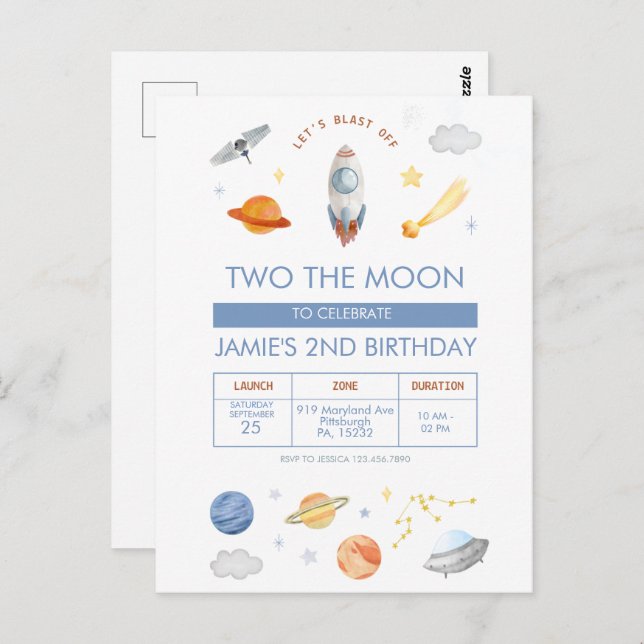 Cartão Postal Festa no Espaço Sideral Astronauta 2º Aniversário (Frente/Verso)