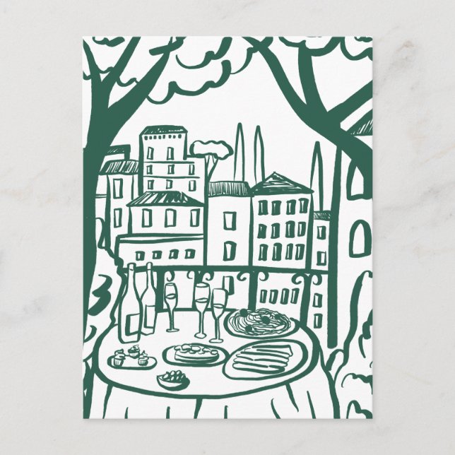 Cartão Postal Festa no Terraço Cidade Fantasiosa Desenhada à Mão (Frente)