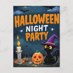 Cartão Postal Festa Noturna de Halloween da Bruxa Gatinha Preta