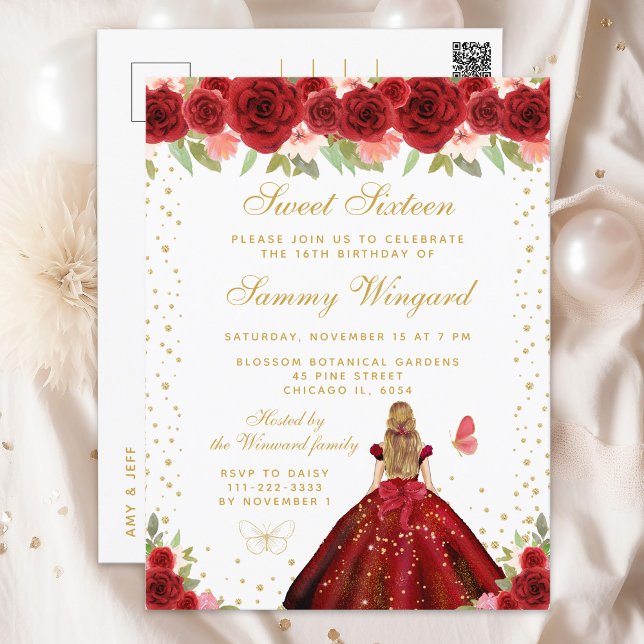 Cartão Postal Festa Princesa de Cabelo Loiro Floral Vermelho Swe (Criador carregado)