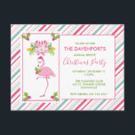 Cartão Postal Festa Tropical de Natal Rosa Flamingo<br><div class="desc">Um cartão postal de convite de festas de natal festivo. Um fundo listrado de canas cor-de-rosa e verde. Camada sobre o topo é um flamingo rosa rico com uma perna erguida para cima. Vestindo um chapéu de santa rosa e um pouco de holly sazonal. Holly com bagas também enfeita os...</div>
