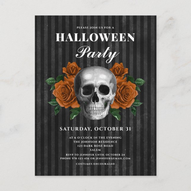 Cartão Postal Festas de Halloween de Rosas Góticas & Caveira (Frente)