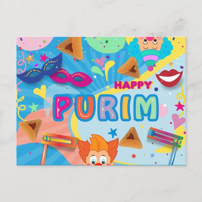 Cartão Postal Festival de Purim Feliz 2026 (Frente)