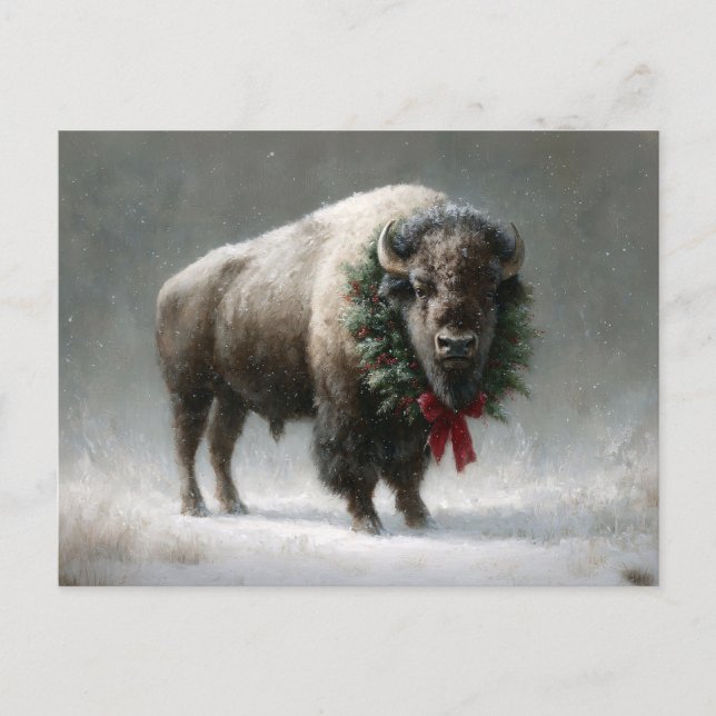 Cartão Postal Festive Bison with Holiday Wreath (Frente)