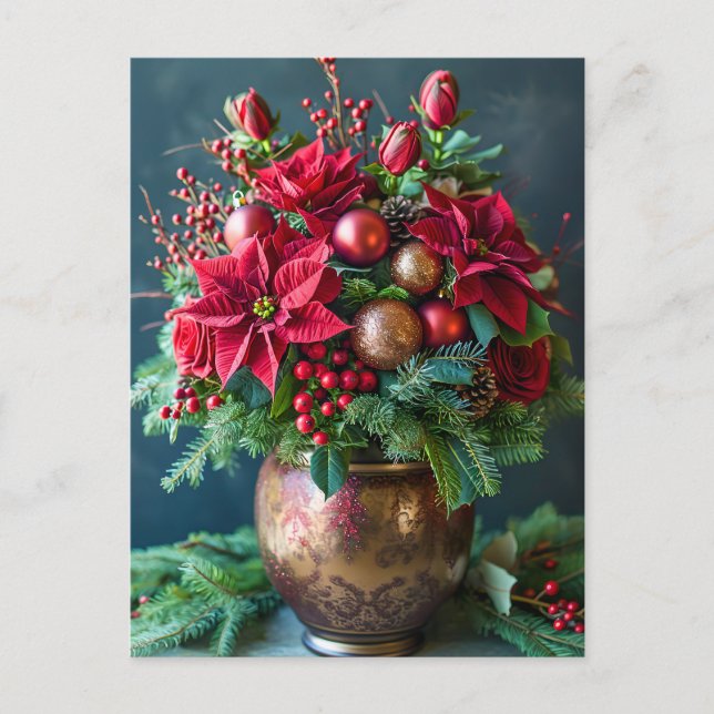 Cartão Postal Festive Christmas Bouquet with Pine and Poinsettia (Frente)